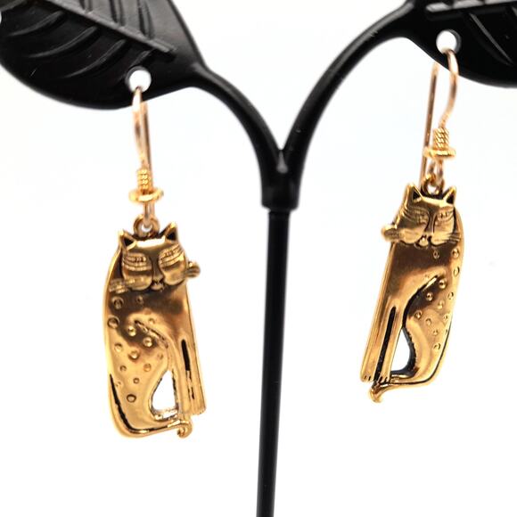 Laurel Burch Siamese Cat Earrings Gold Plated Vintage 1980s Signed Dangle - Picture 8 of 10